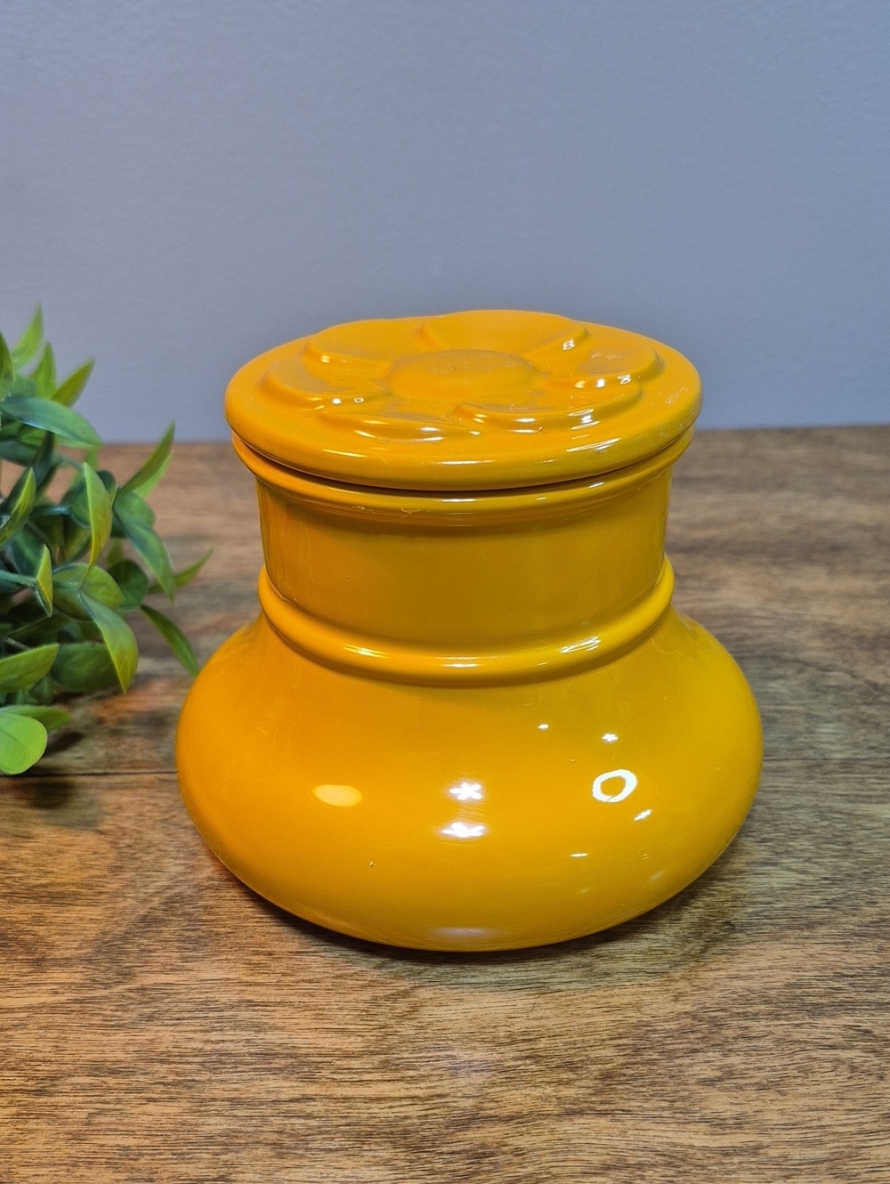 VERRERIE DU GIER France Vintage Yellow Decorative Jar with Flowered Pattern Lid